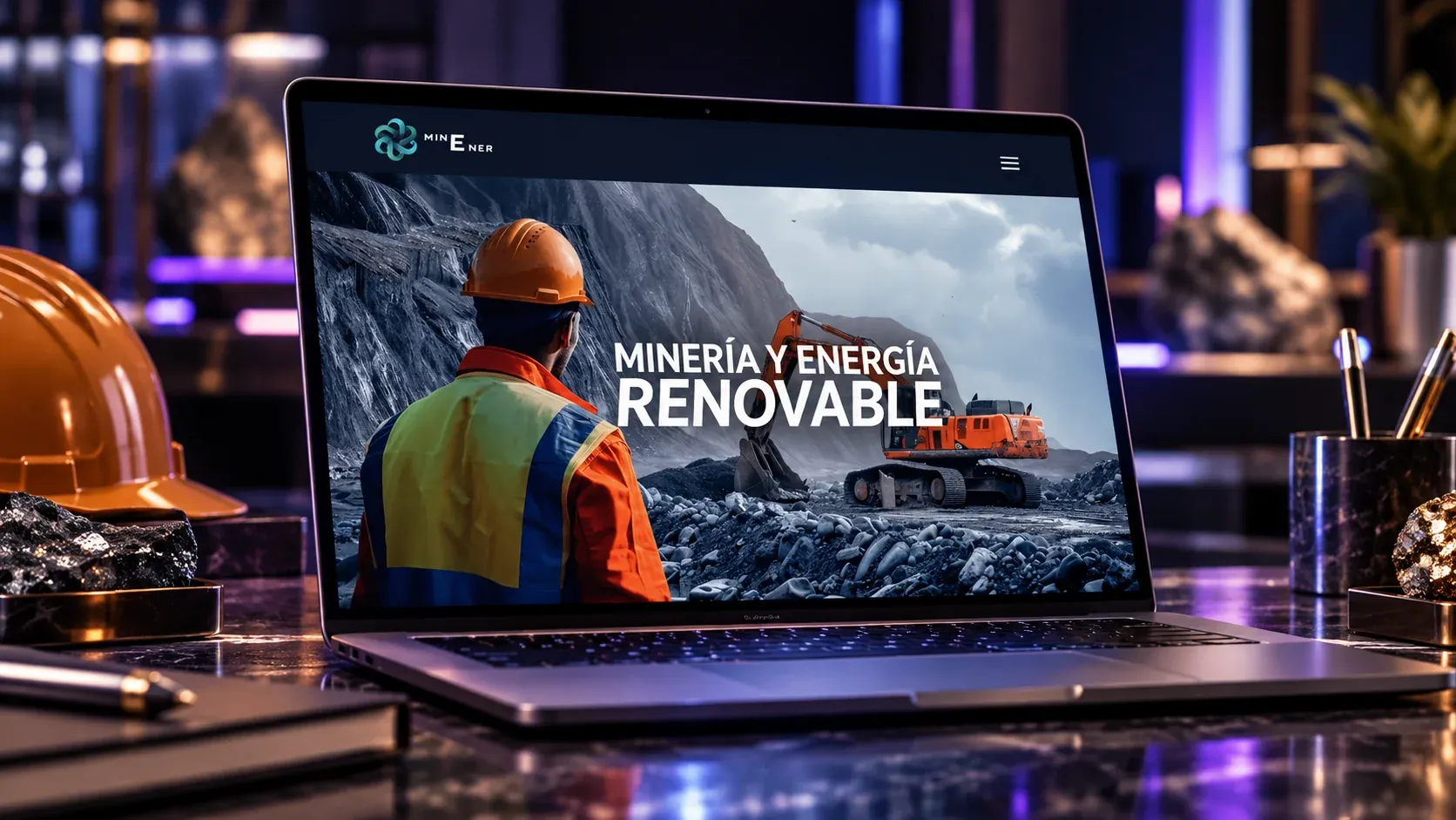 Sitio web de MineEner sobre minería y energía renovable mostrado en una laptop
