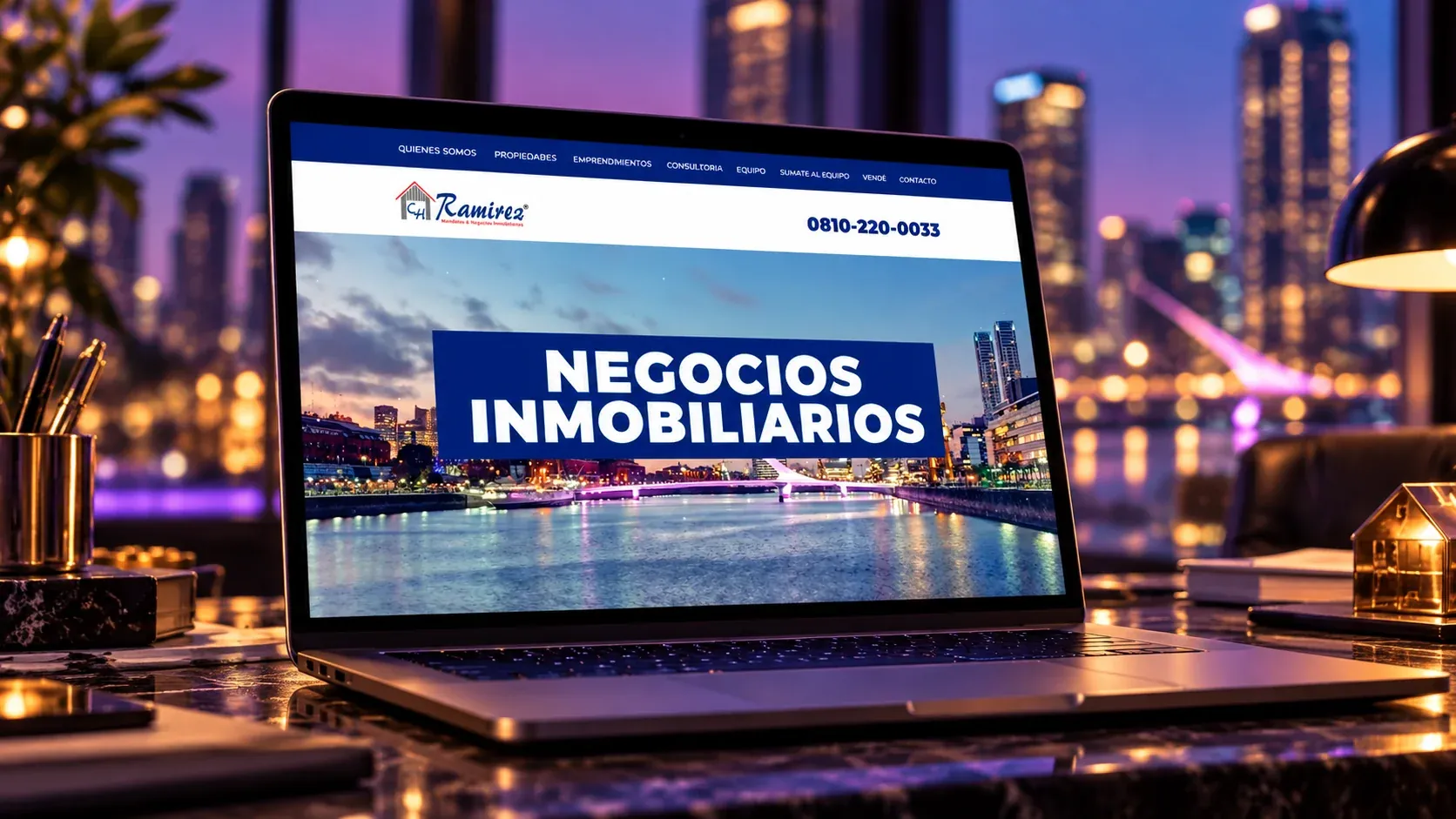 Sitio web de Ramírez Propiedades, negocios inmobiliarios, mostrado en una laptop