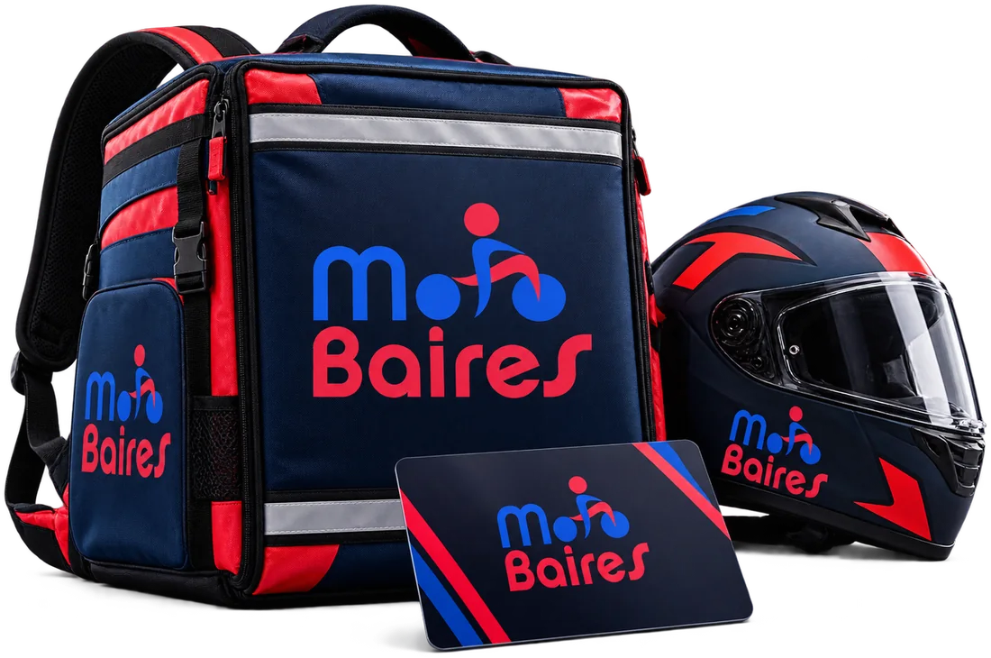 Aplicaciones de la marca MotoBaires en una mochila de delivery, un casco y una tarjeta