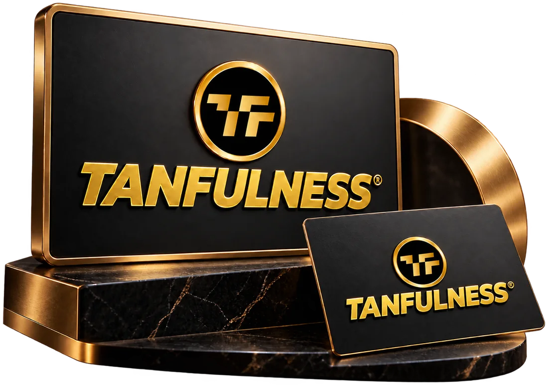 Identidad visual de Tanfulness en letras doradas sobre un soporte negro de mármol